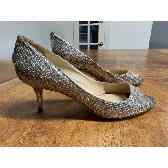 Jimmy Choo Women’s 37.5 ISABEL Champagne Glitter Fabric Open Toe Pump Shoe - Picture 1 of 8